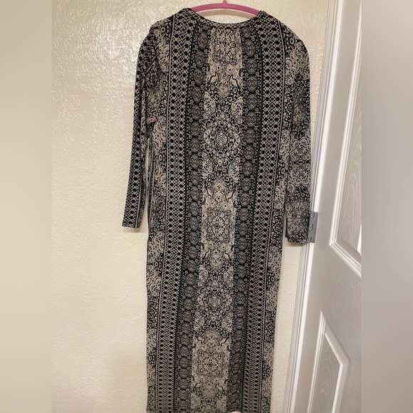 Lucky Brand Black Tan Midi Long Slv V neck Dress Pockets Tribal Boho Festival S - Picture 2 of 12
